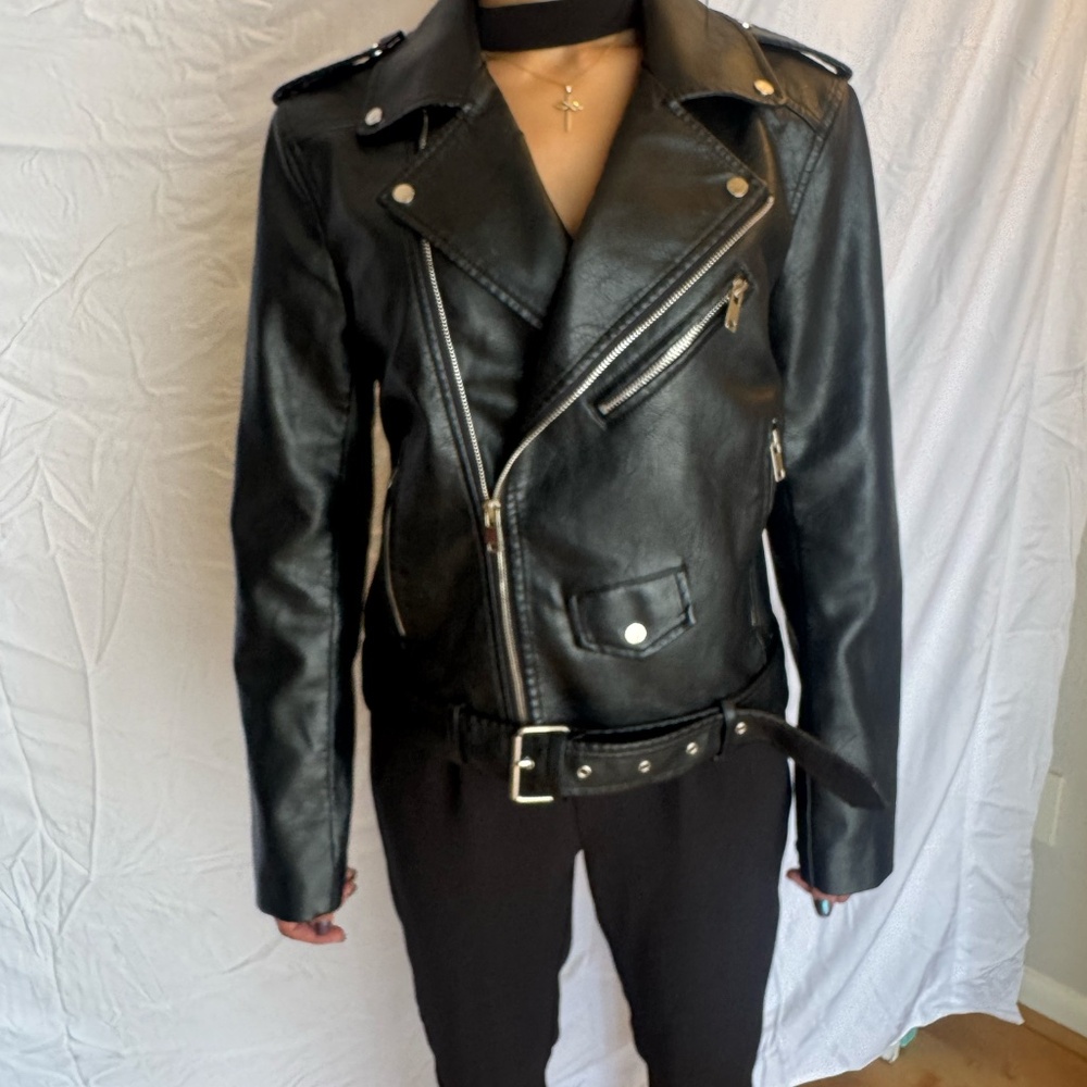 black faux leather moto jacket